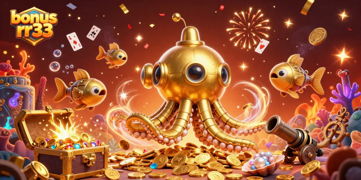 Engage with the bonus rr33 offers through a dynamic scene featuring golden kraken and mechanical fish surrounded by treasures.