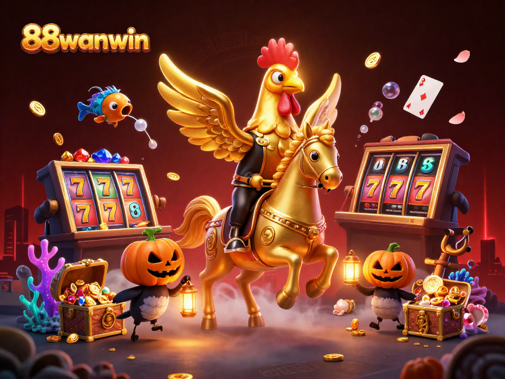 Experience thrilling moments at 88wanwin with a golden rooster headless horseman in a magical casino setting.