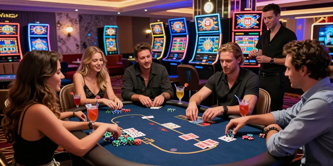 Friends enjoying a thrilling night at an iwin casino table, surrounded by vibrant games and lively atmosphere.