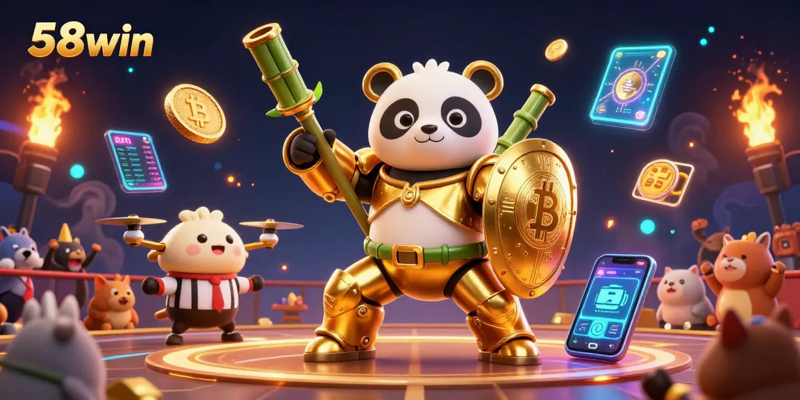 Experience thrilling action with 58win in this vibrant casino scene featuring a golden panda and crypto elements.