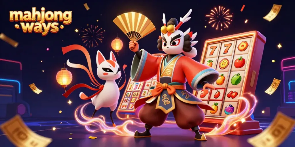 Permainan slot mahjong ways yang penuh warna dengan karakter kabuki dan efek meriah.