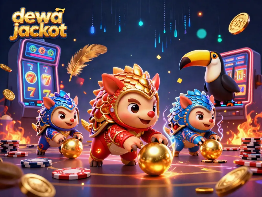 Gambaran 3D dewa jackpot menampilkan pangolin berkompetisi dengan chip poker dan koin emas.