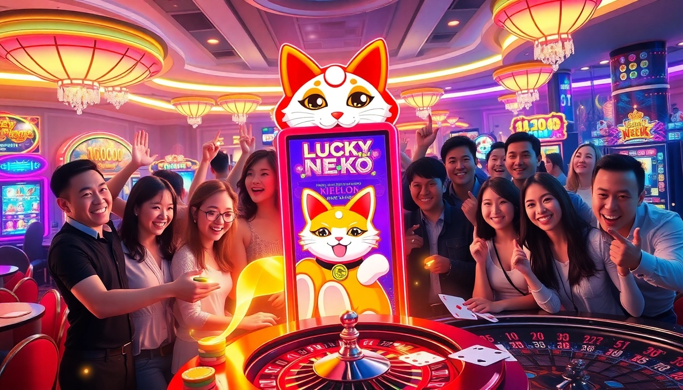 Players engaging with the Lucky Neko PG Slot ไทย in a vibrant casino atmosphere filled with excitement.
