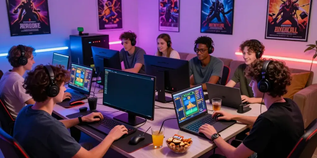 A group of friends enjoying an akunjp gaming session, surrounded by snacks and neon lights, showcasing an engaging atmosphere.