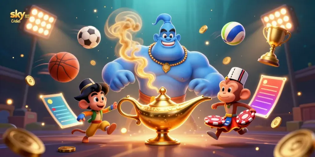 Experience sky exchange Cricket with a dynamic scene featuring a genie and sports elements for thrilling betting.