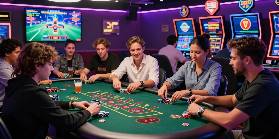 Online casinos that accept credit cards in a lively gaming atmosphere with diverse players enjoying table games and colorful neon lights.