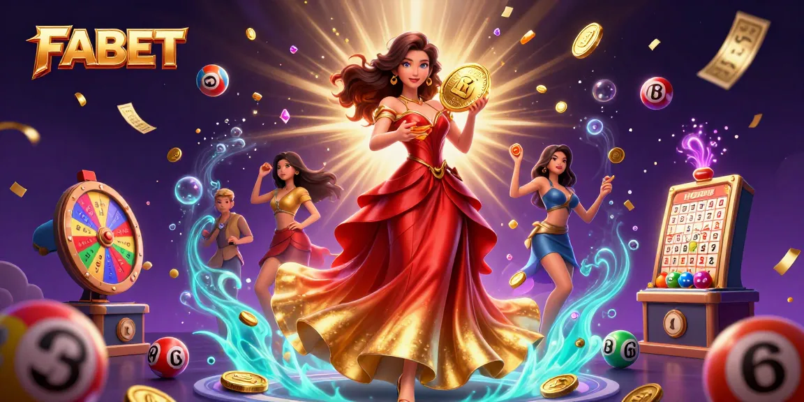 Experience big wins at FABET with a glamorous scene of an Asian woman celebrating with golden coins and lottery elements.
