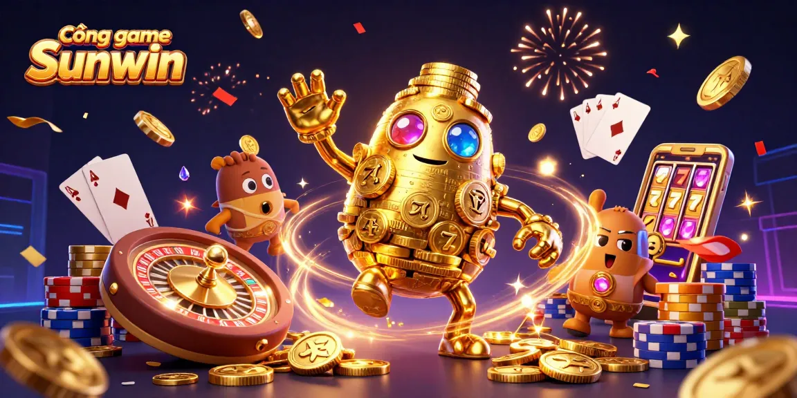 Cổng game Sunwin showcases a golden golem amidst dynamic casino elements, radiating excitement and winning potential.