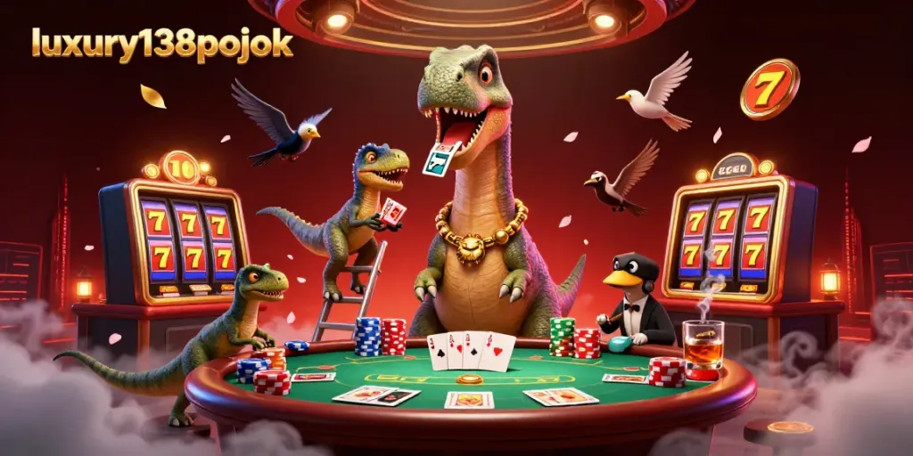 luxury138pojok menampilkan brontosaurus raksasa dalam kasino dengan meja poker dan jackpot di sekitarnya.