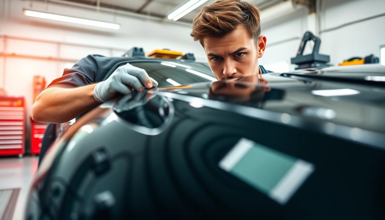 Applying PPF Chattanooga on a black car by a professional technician in a bright garage.