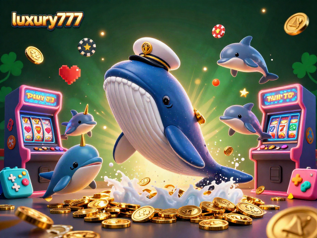 Visualisasi permainan mewah luxury777 dengan ikan paus kartun dan tema kasino.