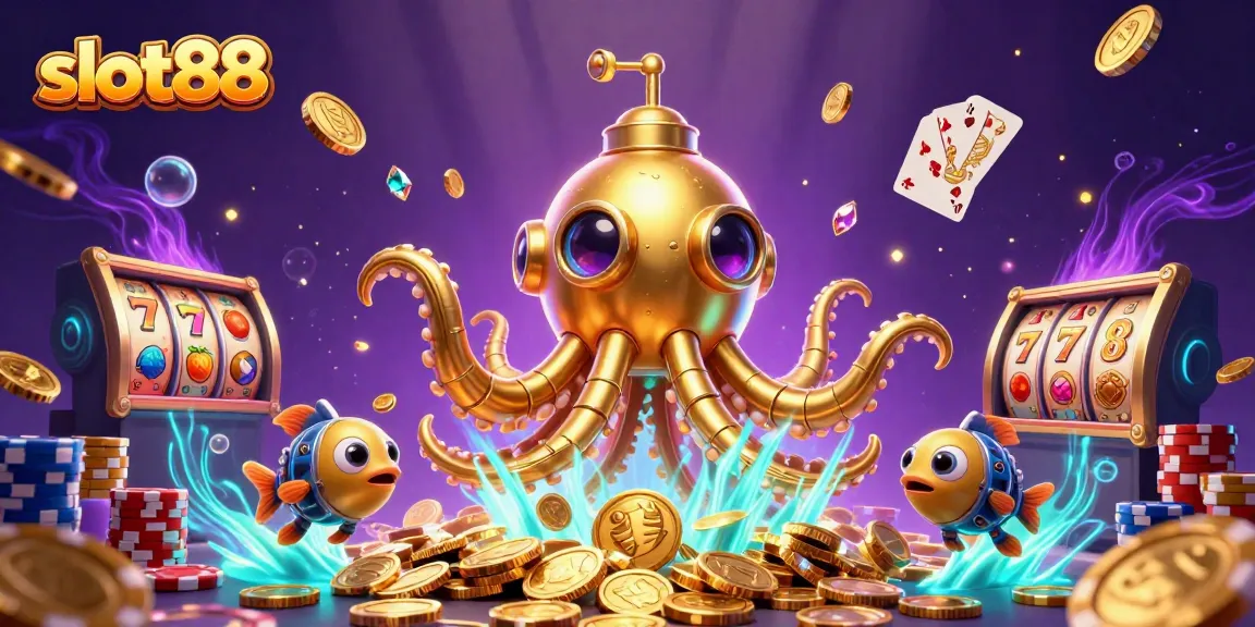 Experience thrilling slot88 action with a vibrant golden kraken amidst sparkling treasures and slot machines.