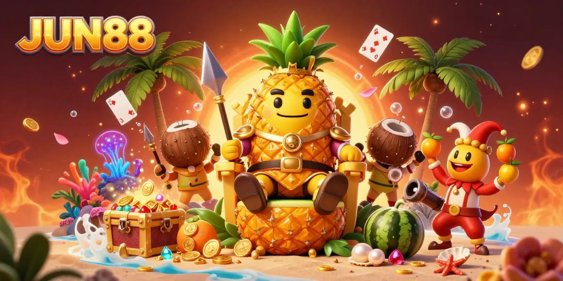 Experience the vibrant thrill of JUN88 with the golden pineapple king and casino elements showcasing dynamic gameplay fun.