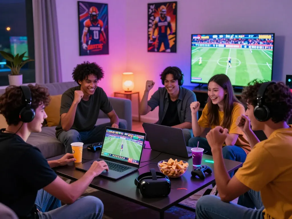 Friends enjoying a lively gaming night with https://net88.wtf/ on screen, vibrant atmosphere and interactive gaming setup.