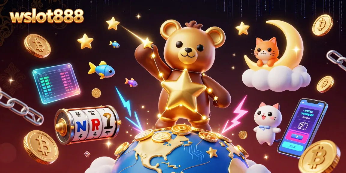 Mengangkat koin dari Bumi, bintang berkonstelasi 3D dengan elemen slot dan cryptocurrency wslot888
