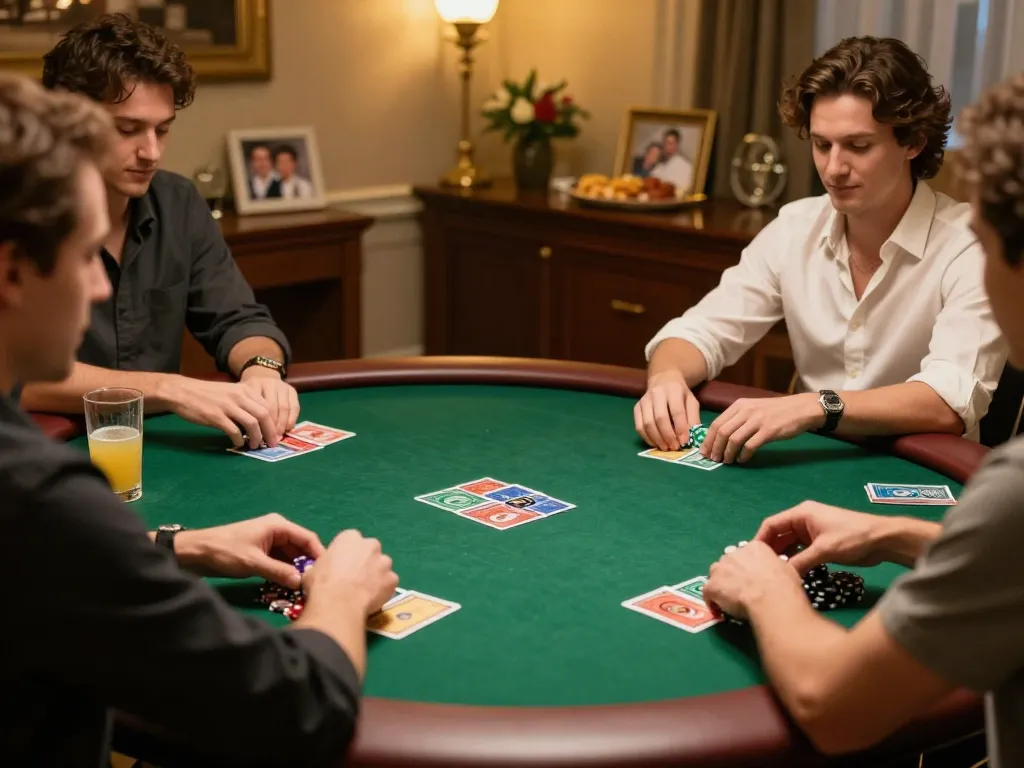 W69 poker players engaged in a friendly game surrounded by snacks in a cozy home atmosphere