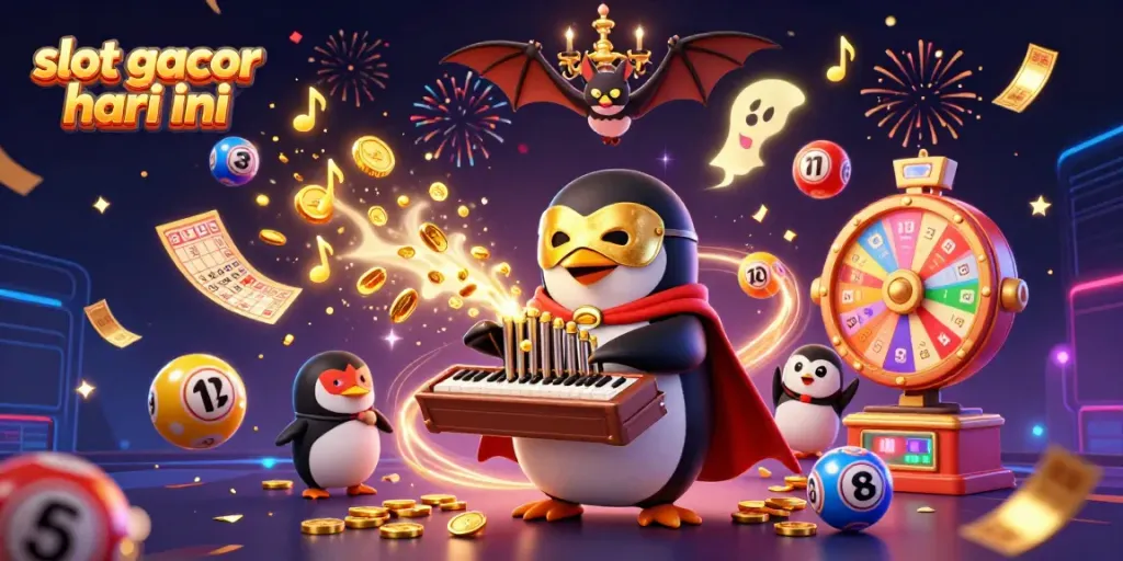 Slot gacor hari ini, ilustrasi 3D kasino dengan penguin bermain organ dan koin emas.