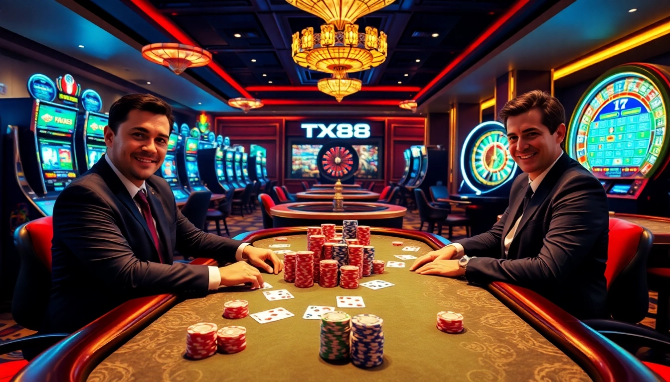 Players enjoying high-stakes poker at TX88, surrounded by colorful chips and vibrant casino elements.
