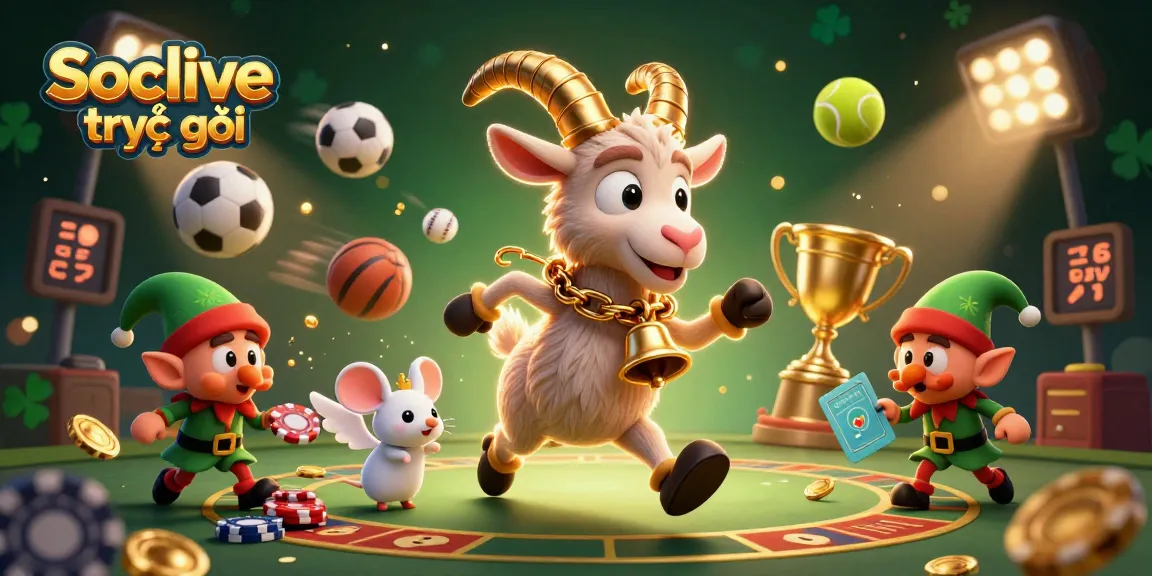 Socolive trực tiếp showcasing a festive casino scene with thrilling gameplay, golden trophies, and lively characters