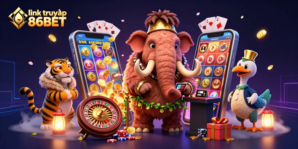 Engaging illustration showcasing link truy cập 86BET with a vibrant casino scene emphasizing gambling excitement.