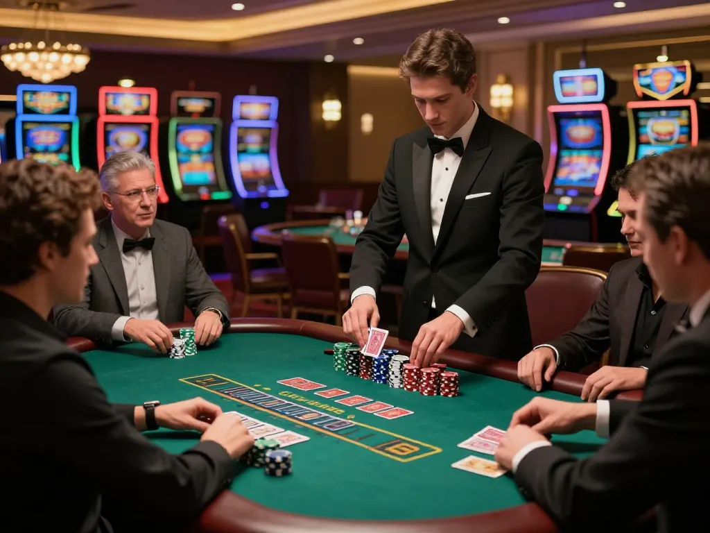 Rasakan Demo Slot PG Soft Mirip Asli di meja blackjack yang elegan dengan pemain terlibat dan pencahayaan kasino yang atmosferik.