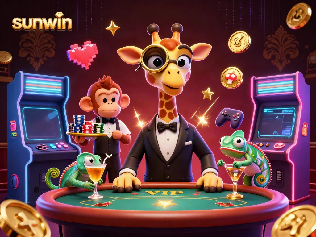 Sunwin offers a vibrant casino gaming experience with a high-roller giraffe and friends at a lively poker table.