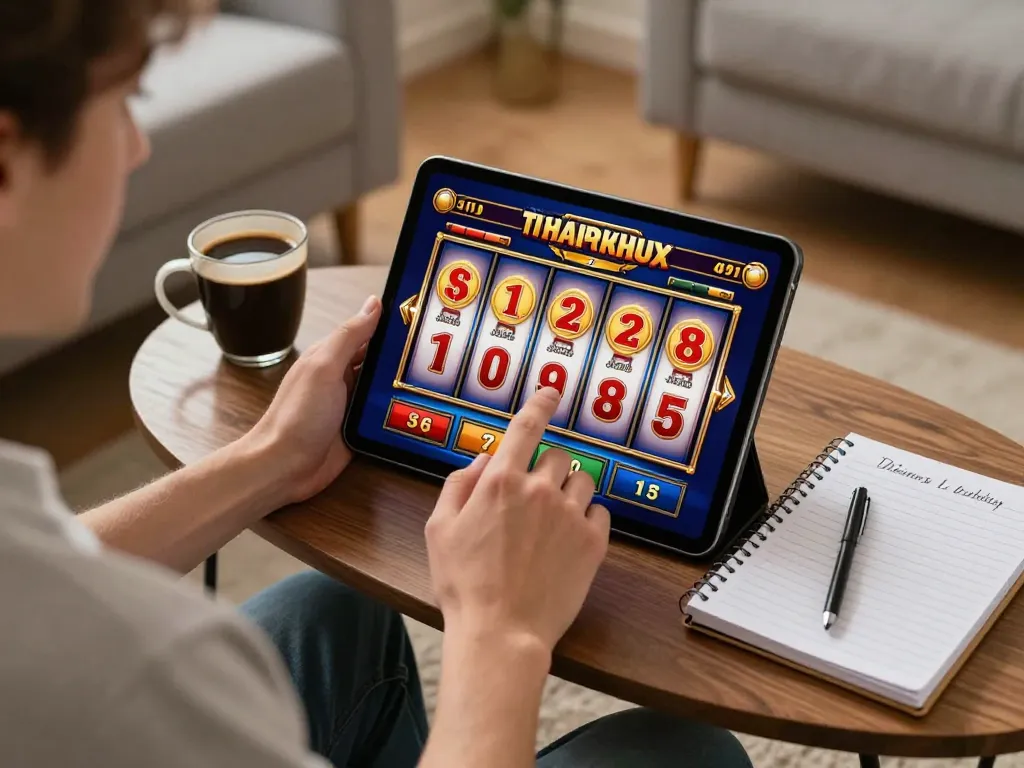 Pemain memutar reel slot di tablet dalam suasana rumah yang nyaman, menikmati permainan online.