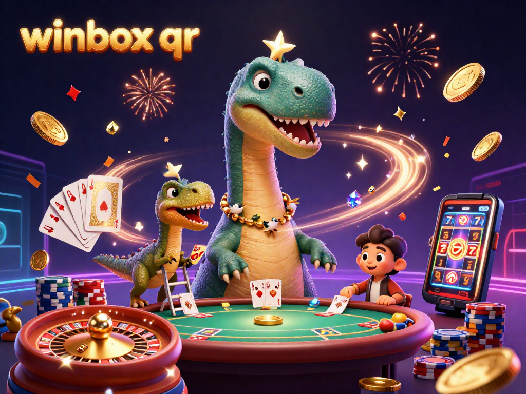 Winbox QR enhances your gaming experience with a unique casino atmosphere featuring a cartoon brontosaurus.