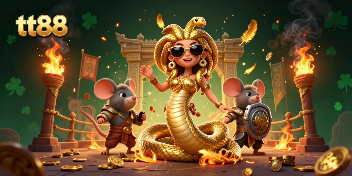 Experience thrilling gameplay at tt88 with a vibrant scene featuring friendly Medusa and a warrior mouse amidst casino action.