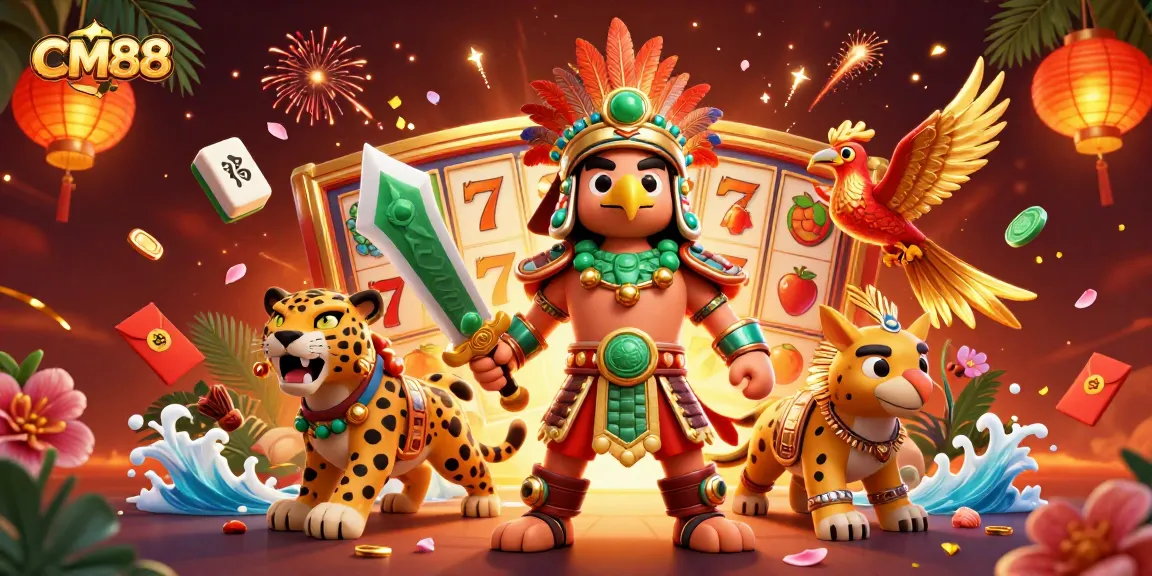 Experience thrilling casino adventures with CM88, featuring slot reels and dynamic characters.