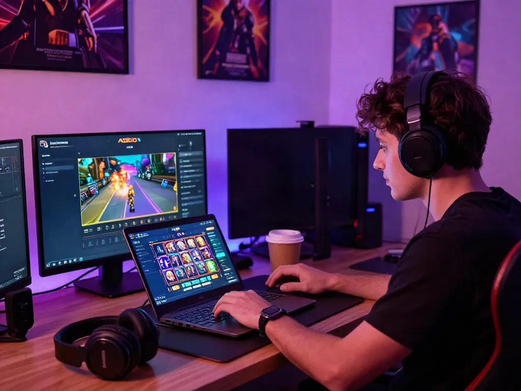 A80 gaming platform user engaging with interactive slots on laptop with vibrant graphics.