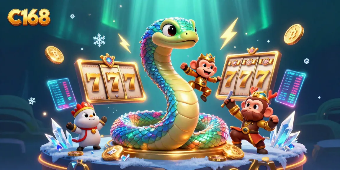 Engage in thrilling gameplay at C168, featuring vibrant slot reels and a captivating rainbow serpent.