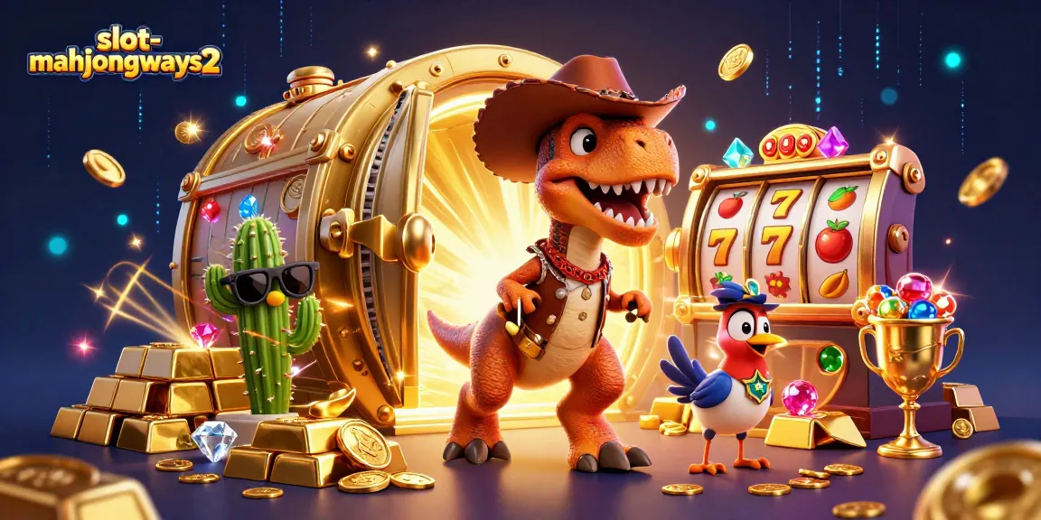 Spin and win at slot-mahjongways2 with a vibrant T-Rex cowboy amidst a treasure-filled casino backdrop.