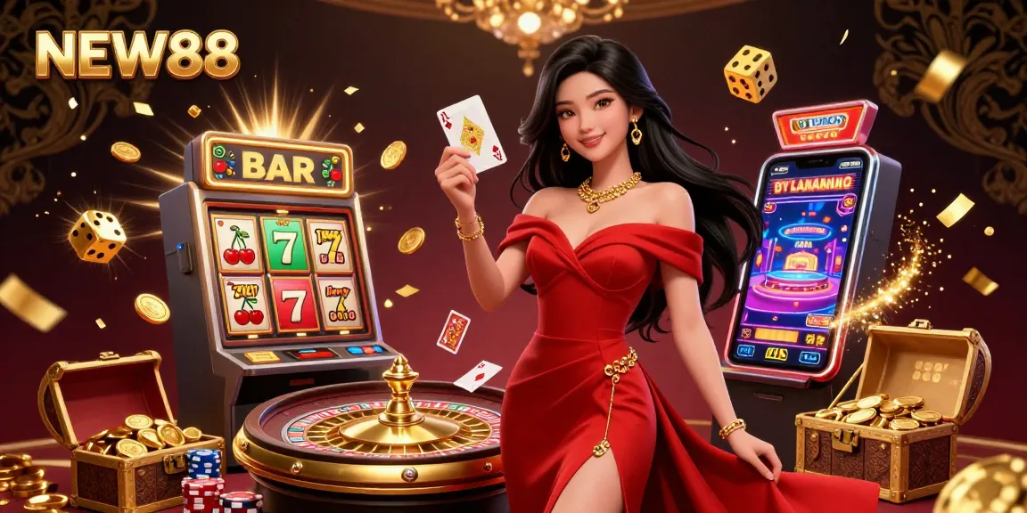Experience the thrill of NEW88 with a stunning casino scene featuring a glamorous woman, roulette, and dynamic slot machines.