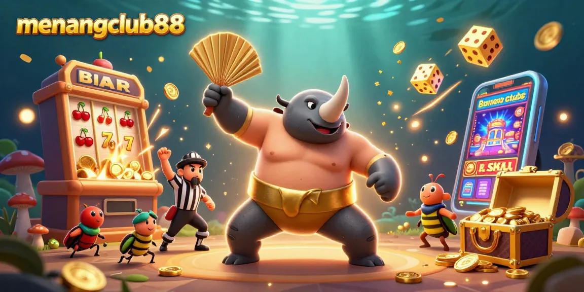 Enjoy exhilarating wins with menangclub88 in this vibrant casino-themed illustration featuring a dynamic scene.