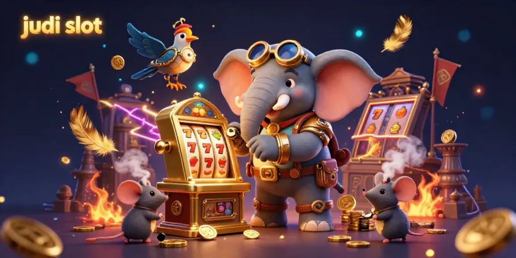 Menangkan permainan judi slot dengan mesin slot emas dan karakter unik di latar belakang yang penuh warna.