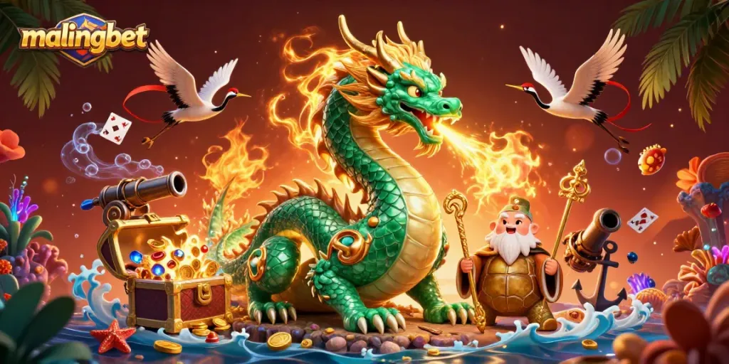 Permainan perjudian di malingbet dengan naga jade zamrud, penyu bijak, dan bangau beruntung.