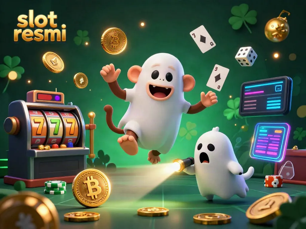 Experience thrilling gameplay with slot resmi as a 3D poltergeist monkey juggles golden coins in a haunted casino.