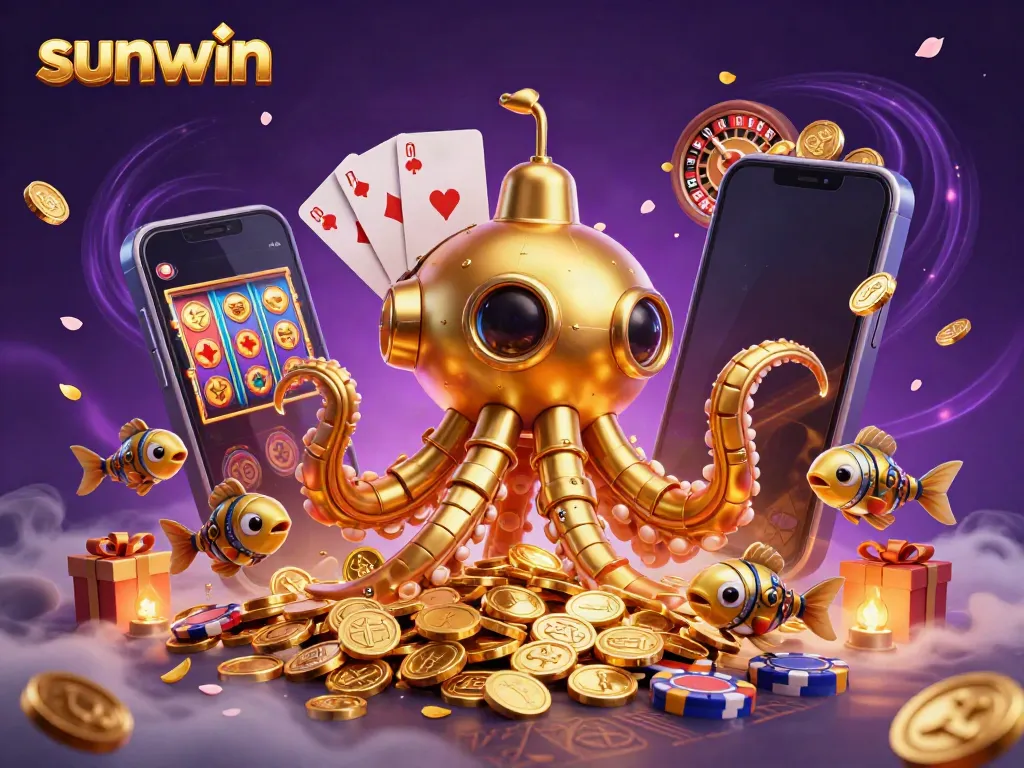 Experience thrilling gameplay with sunwin featuring a golden kraken submarine amidst vibrant casino elements.