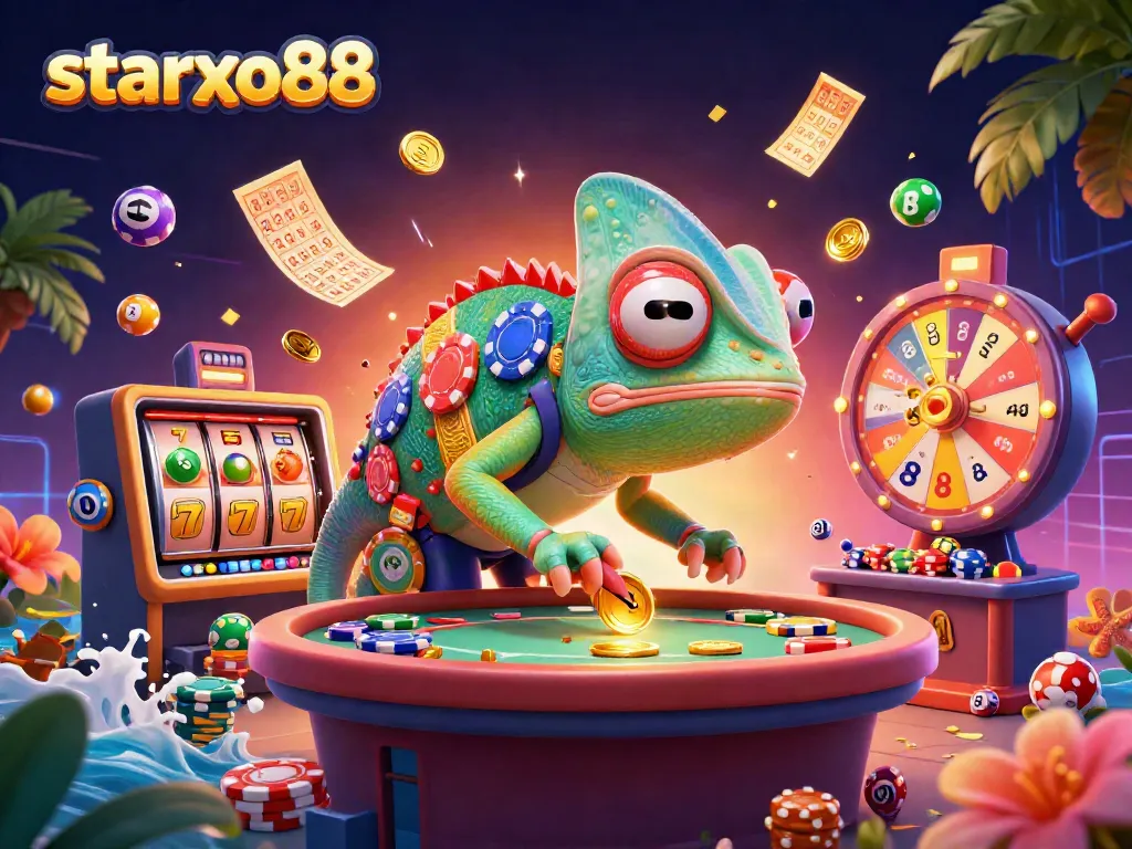 Experience the thrill of starxo88 with an engaging casino scene packed with colorful gambling elements.
