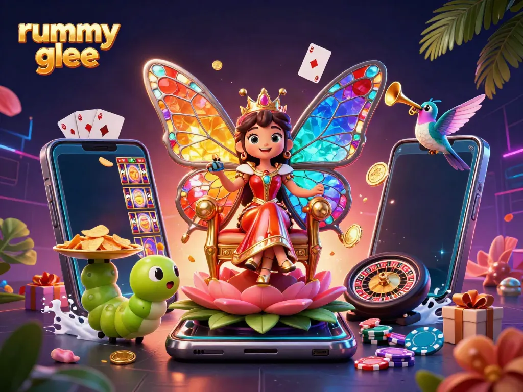 Rummy Glee: Menangkan permainan dengan ilustrasi berwarna-warni dan elemen kasino.