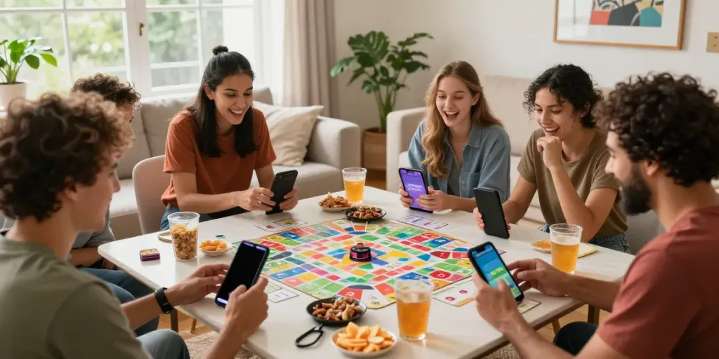 Players enjoying Rumble Rummy on mobile devices in a cozy living room.