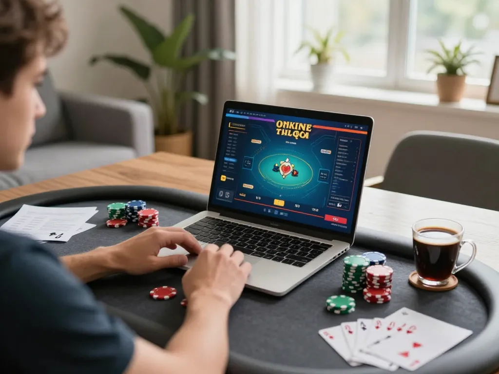 Engaging gameplay of Poker Online Domino QQ on a laptop at home with strategic notes visible.