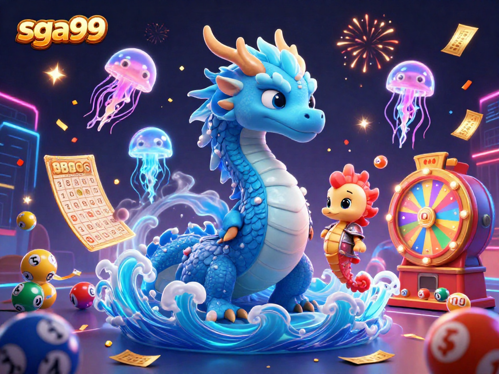 Join the exhilarating world of SGA99 as vibrant lottery elements surround a majestic ocean dragon.