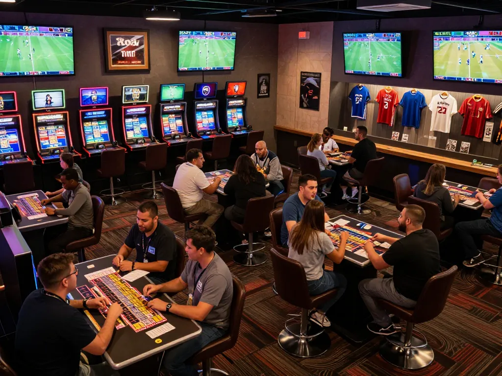 Excited bettors engaging in sports betting at a dynamic lounge featuring 33win events on multiple screens.