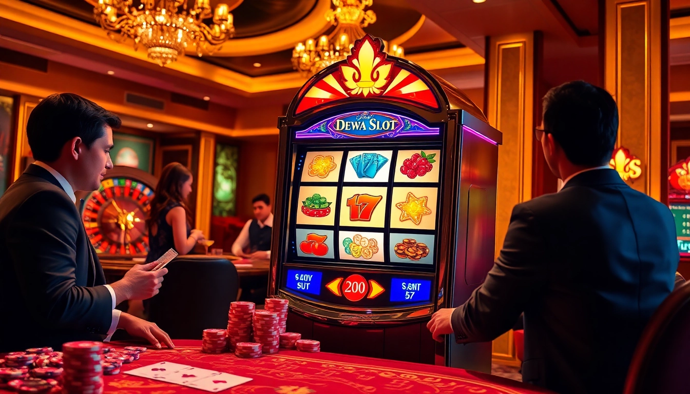 Engaging players at dewa slot machine in a luxurious casino with poker chips and roulette wheel.
