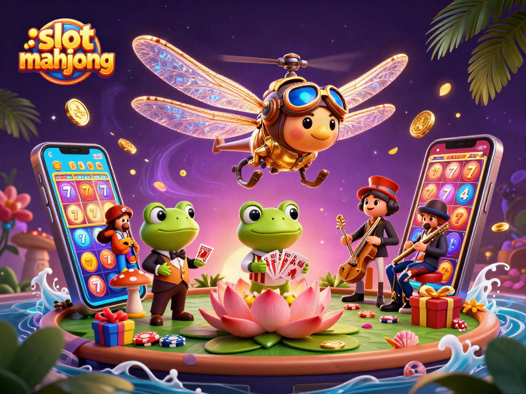 Play slot mahjong while enjoying a vibrant 3D casino scene with engaging characters and dynamic elements.