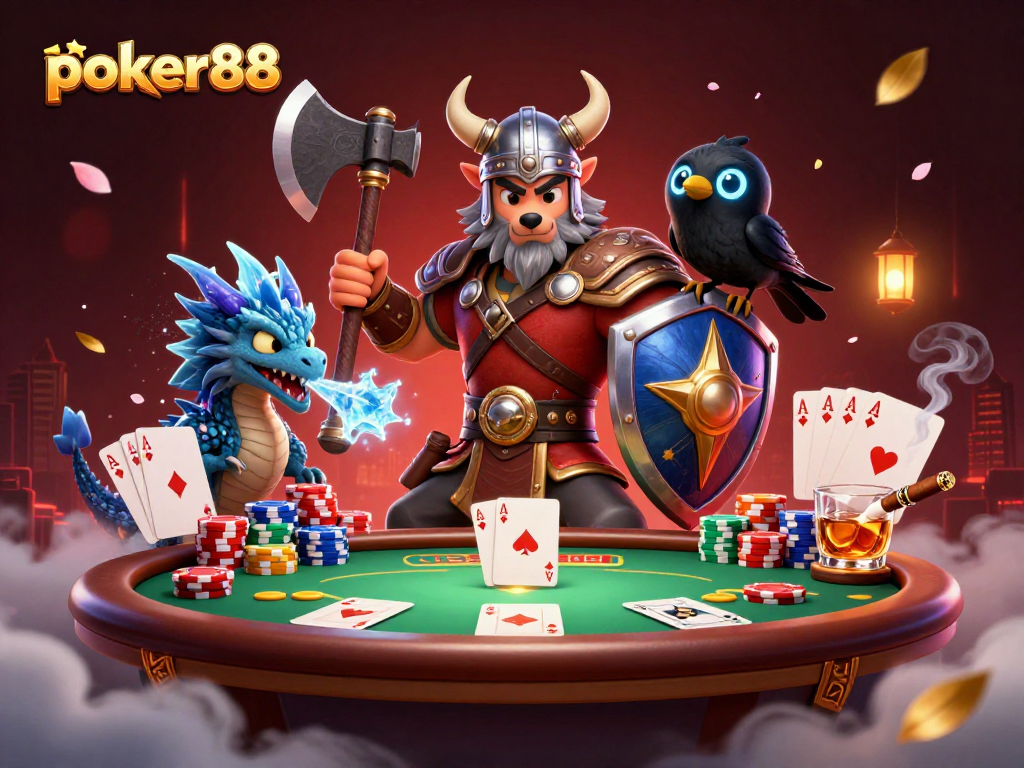 Permainan poker88 menyajikan suasana seru dengan petarung Viking, naga, dan gagak di meja poker.