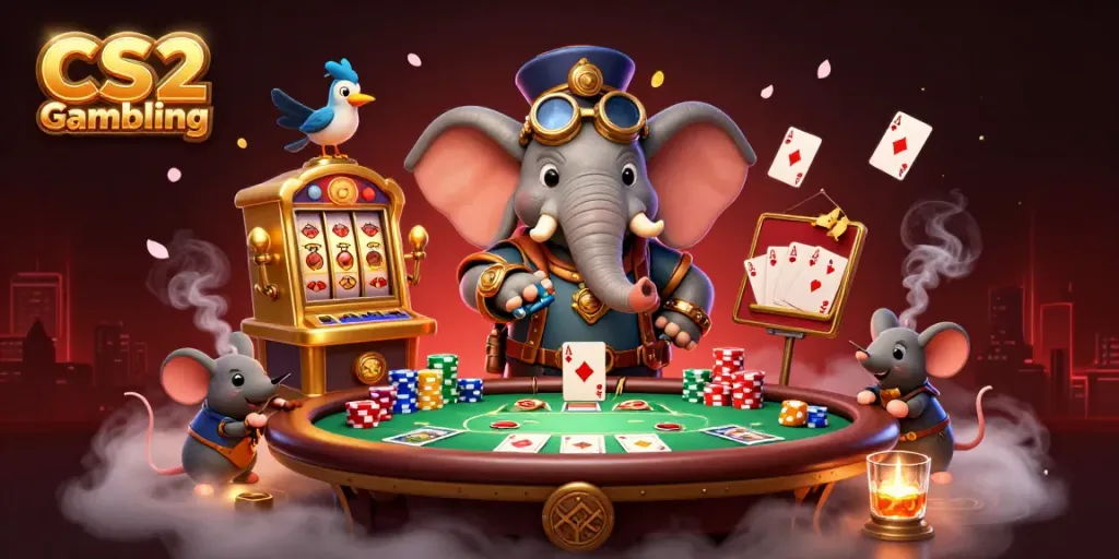 Experience CS2 Gambling with a whimsical steampunk elephant engineer operating a golden slot machine surrounded by vibrant poker elements.