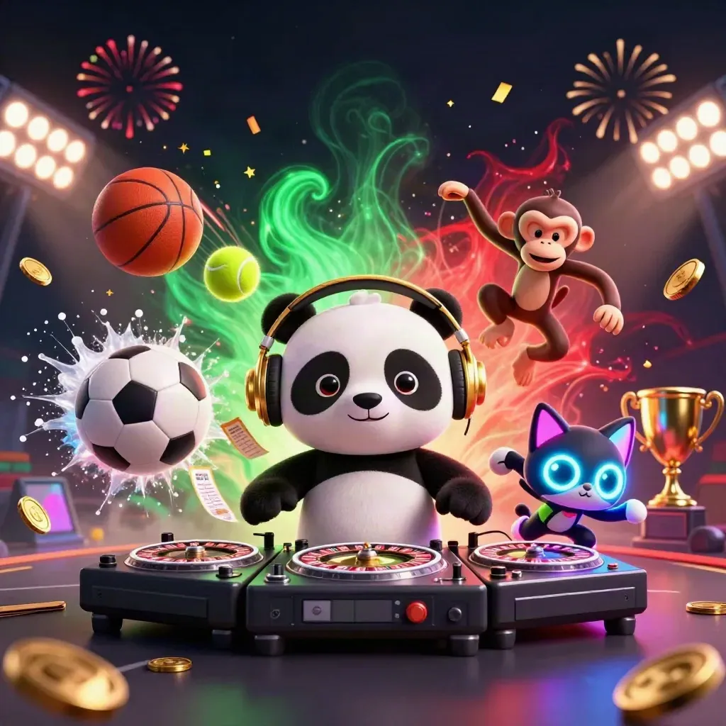 Neon casino animals blast through flying sports balls, coins, and fireworks in a dark luxury glow.